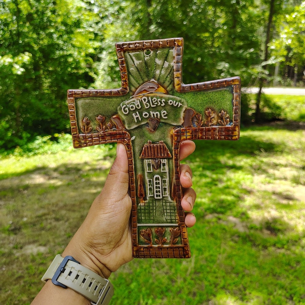 Vintage Handmade Ceramic Wall Cross God Bless Our Home Housewarming Gift